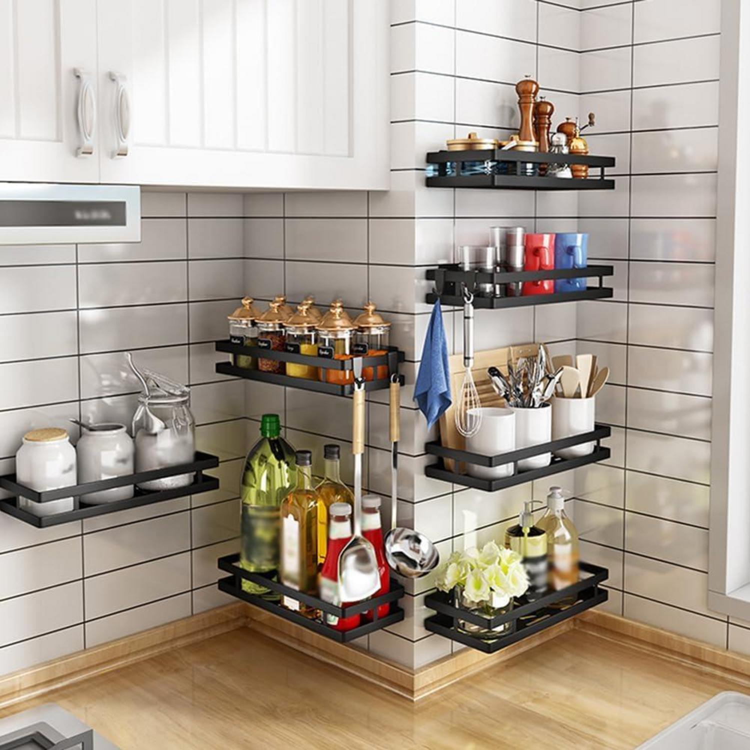 Gewürzregal Schwarz Metall 2 Etagen Wandregal Küchenregal Kleben