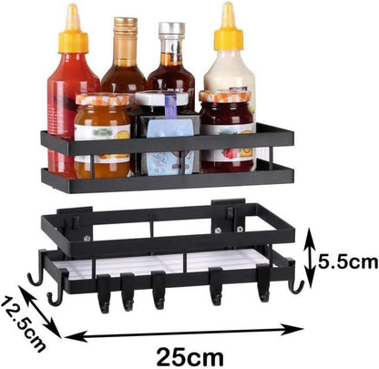 Gewürzregal ohne Bohren Schwarz Metall 2 Etagen mit Haken