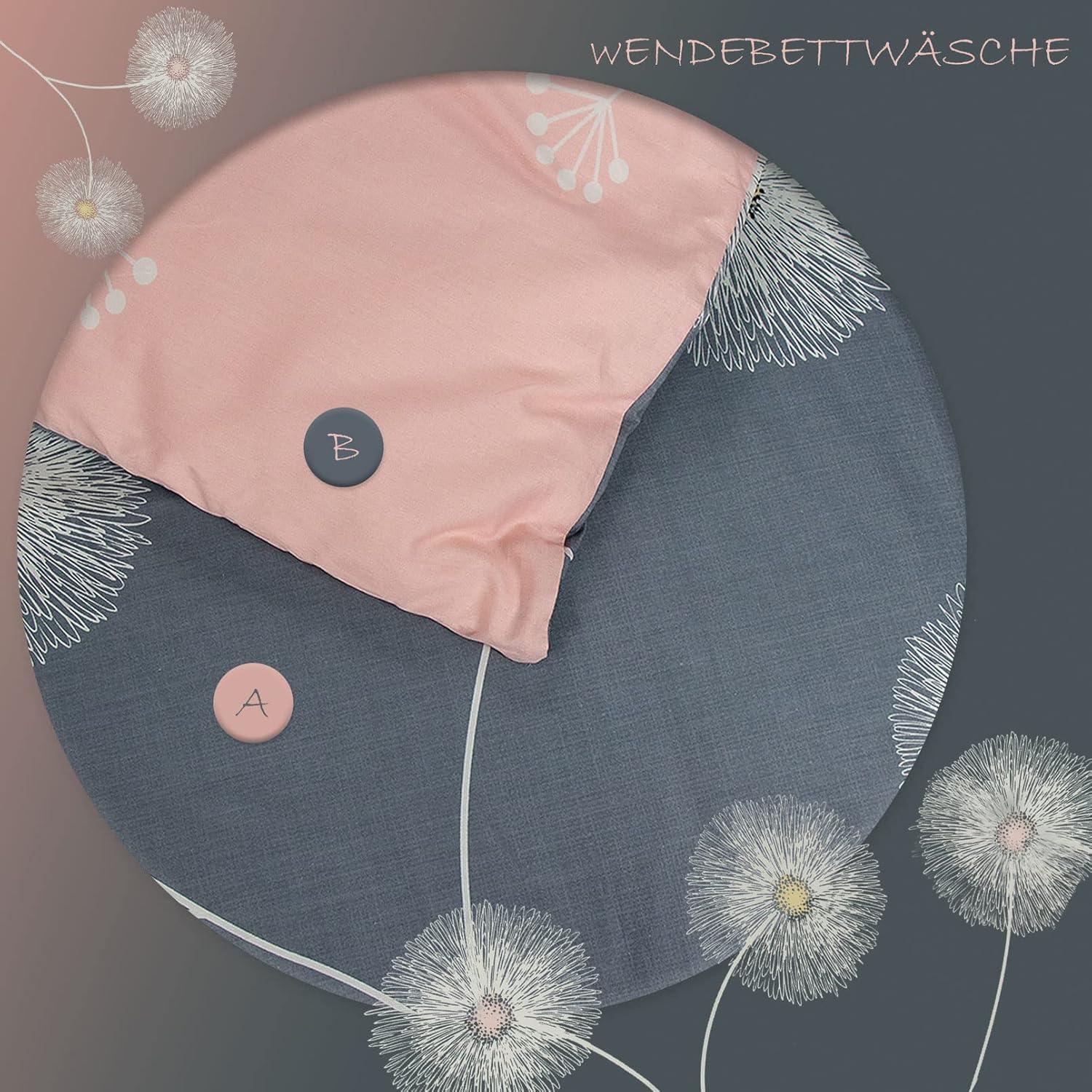 4tlg. KEAYOO Bettwäsche 135x200 Baumwolle Grau Rosa Blumen Wendebettwäsche