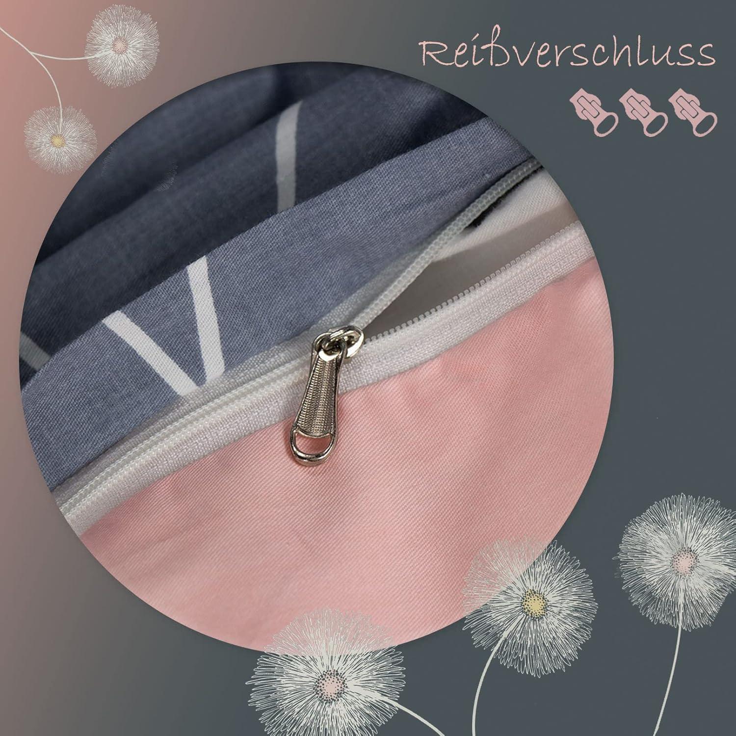KEAYOO Bettwäsche 135x200 Baumwolle 4tlg Grau Rosa Blumen Wendebettwäsche