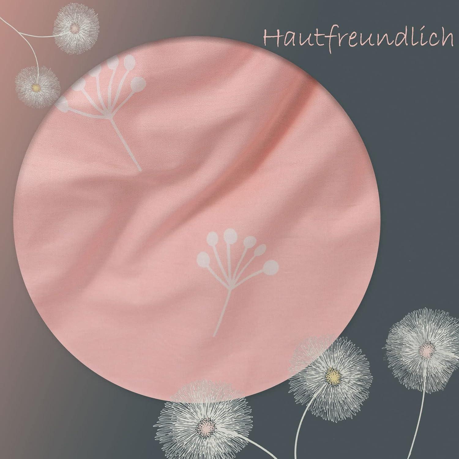 Bettwäsche 135x200 Baumwolle 4teilig Grau Rosa Blumen Reißverschluss