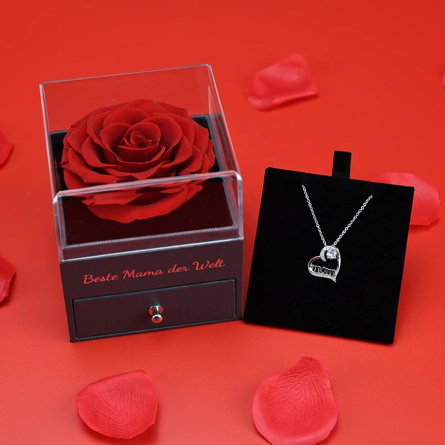 Ewige Rose Mama Geschenk - Rosen mit Halskette in Geschenkbox - Rot