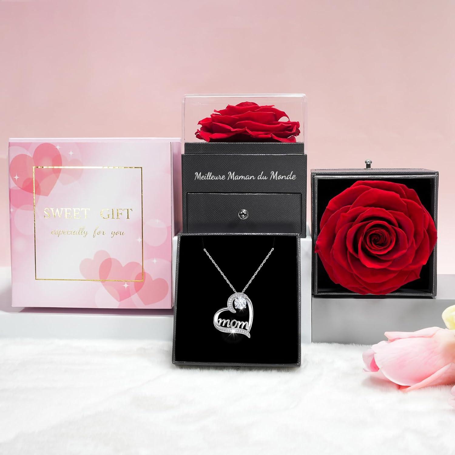 Sunia Geschenk für Mama: Ewige Rose mit Mom Halskette - Rot