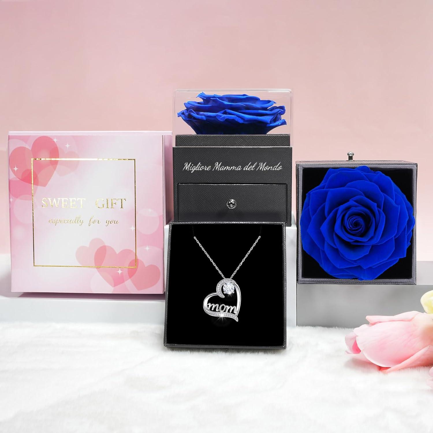 Ewige Rose mit Mama Halskette - Blaue Infinity Rose Geschenkbox