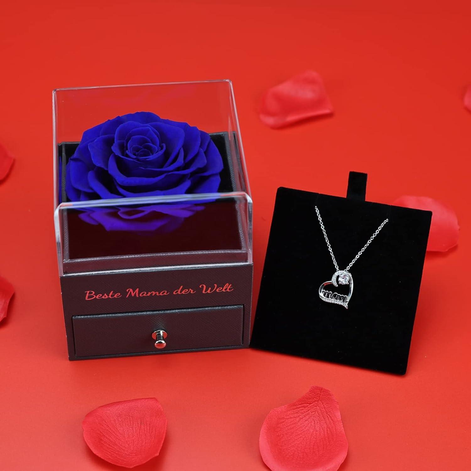 Muttertag Beste Mama der Welt Ewige Rose mit Halskette Blau