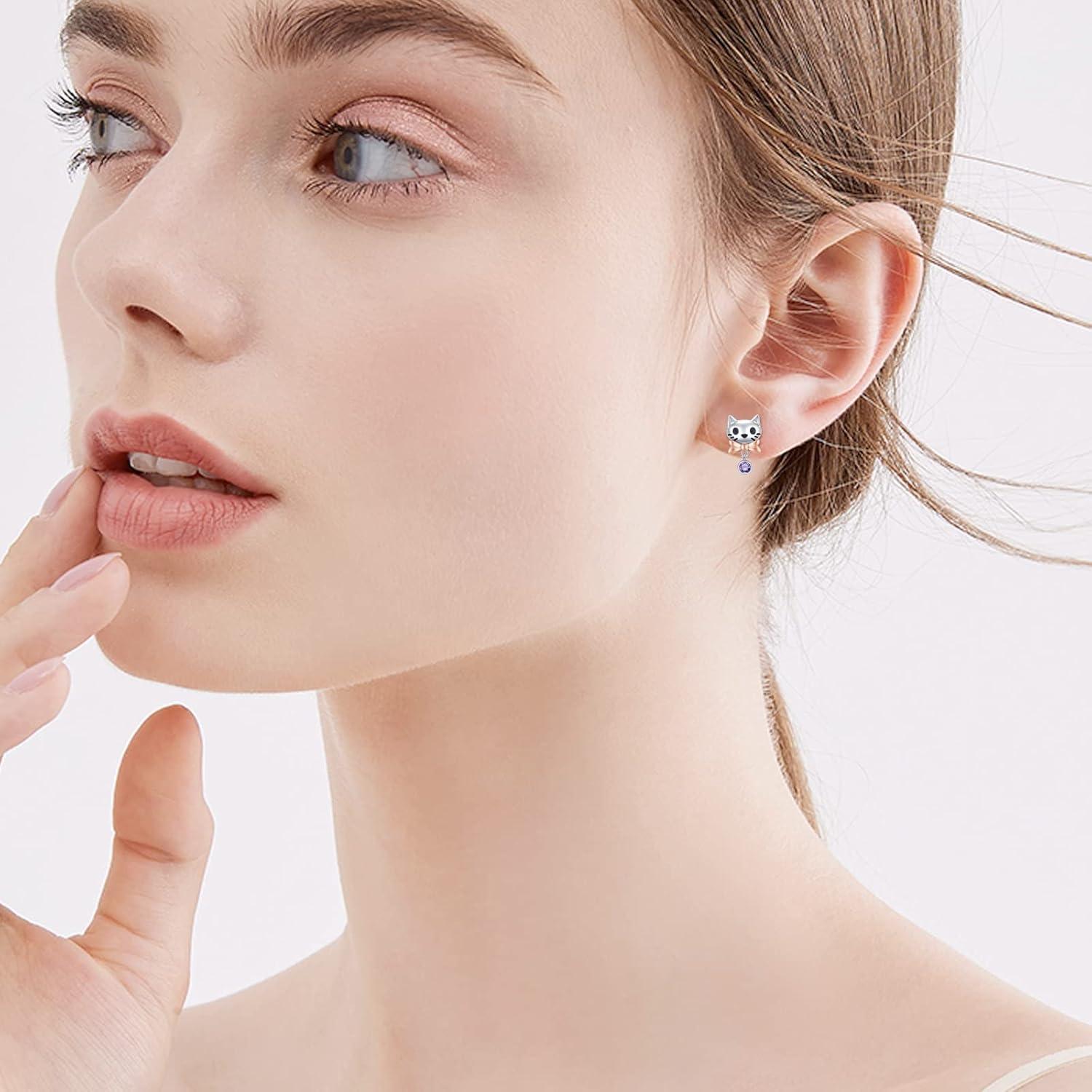 925 Sterling Silber Katzenohrringe mit lila Zirkon - Geschenk für Damen