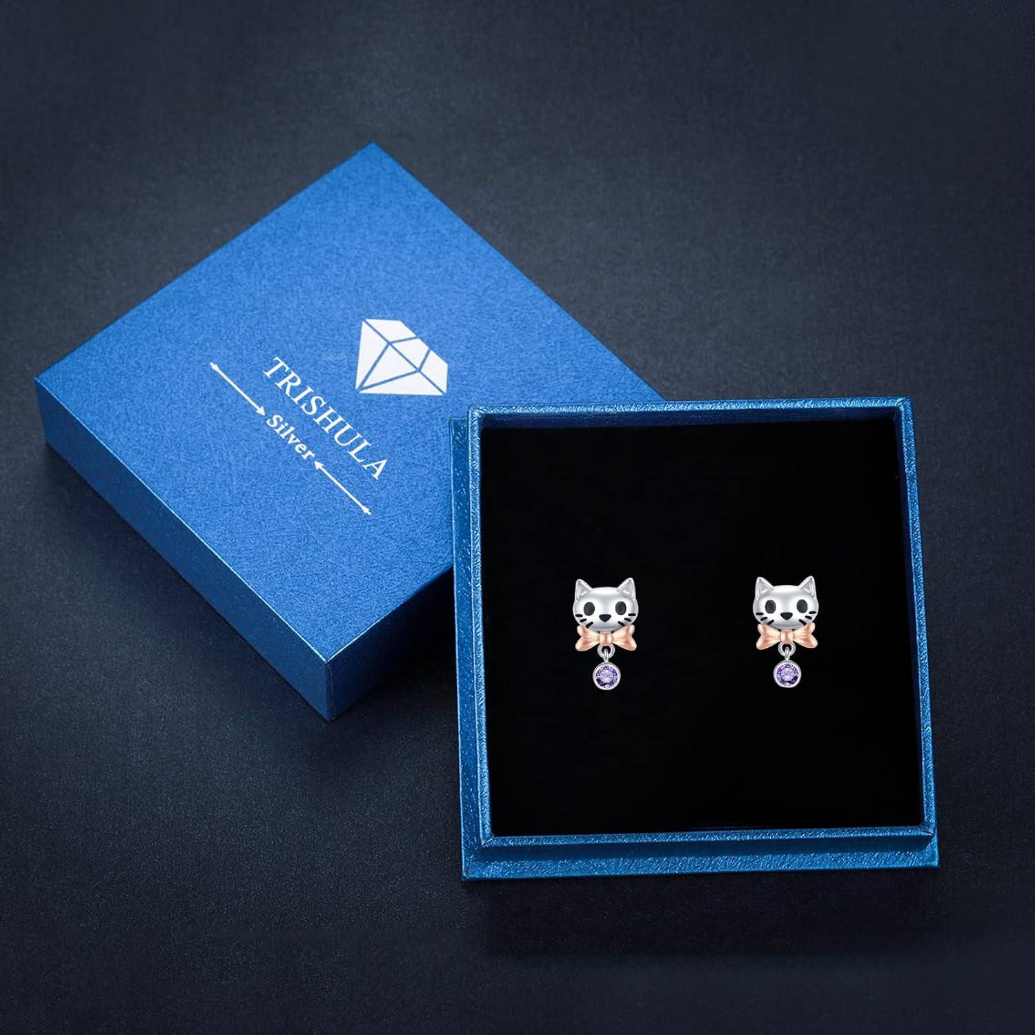 925 Sterling Silber Katzenohrringe mit lila Zirkon - Geschenk für Damen