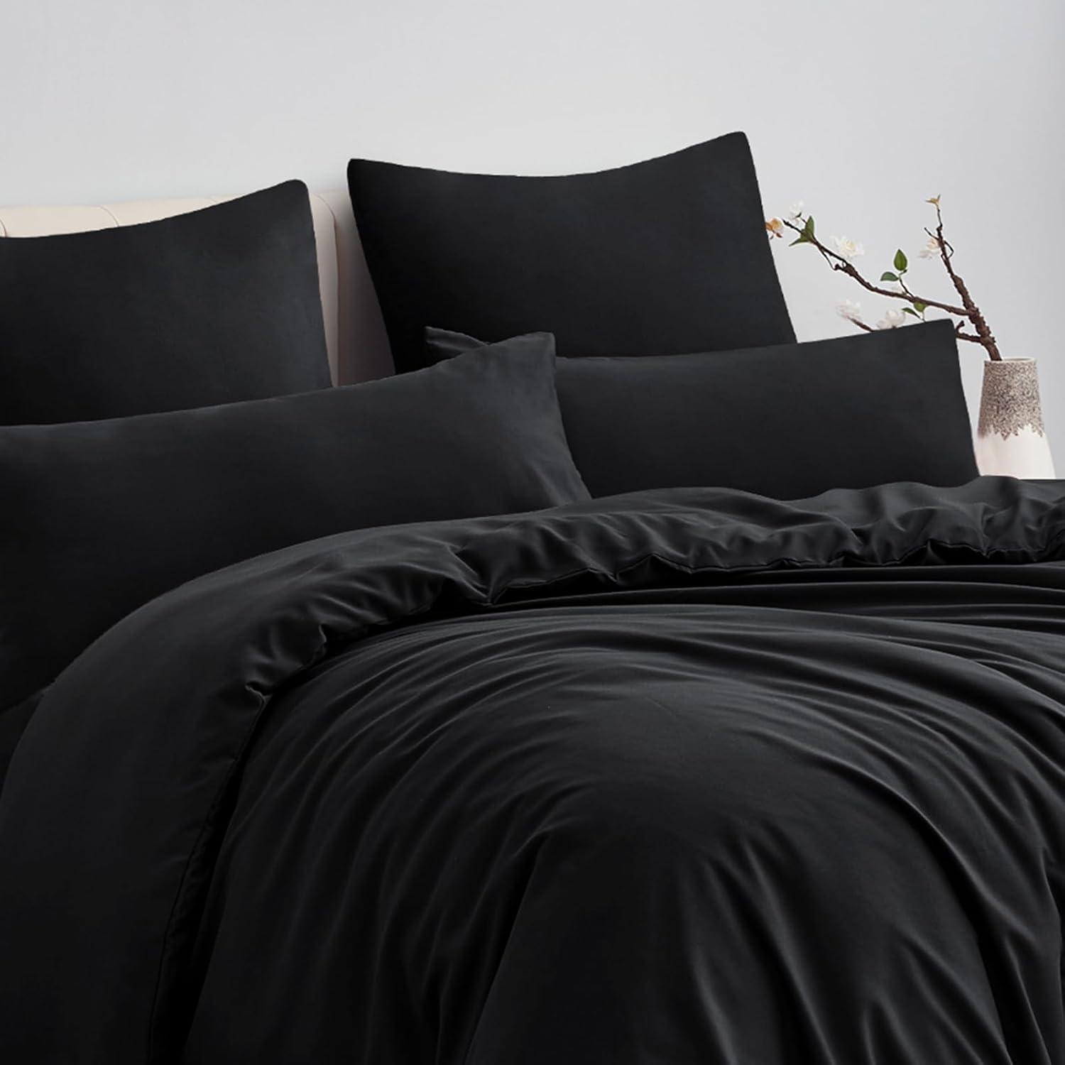 Bettwäsche Set 200x220cm Schwarz Mikrofaser Reißverschluss 3tlg