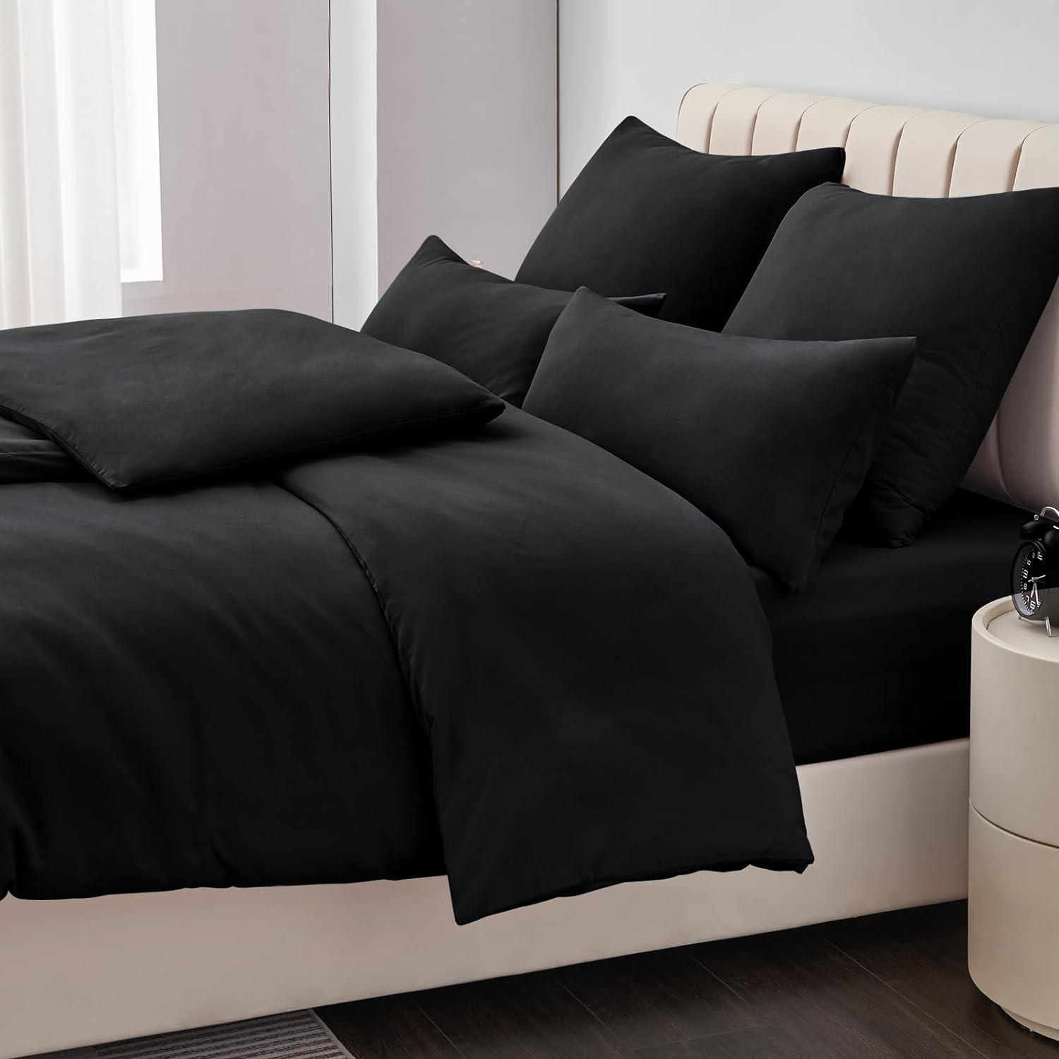 Bettwäsche Set 135x200cm 4tlg Schwarze Mikrofaser mit Reißverschluss