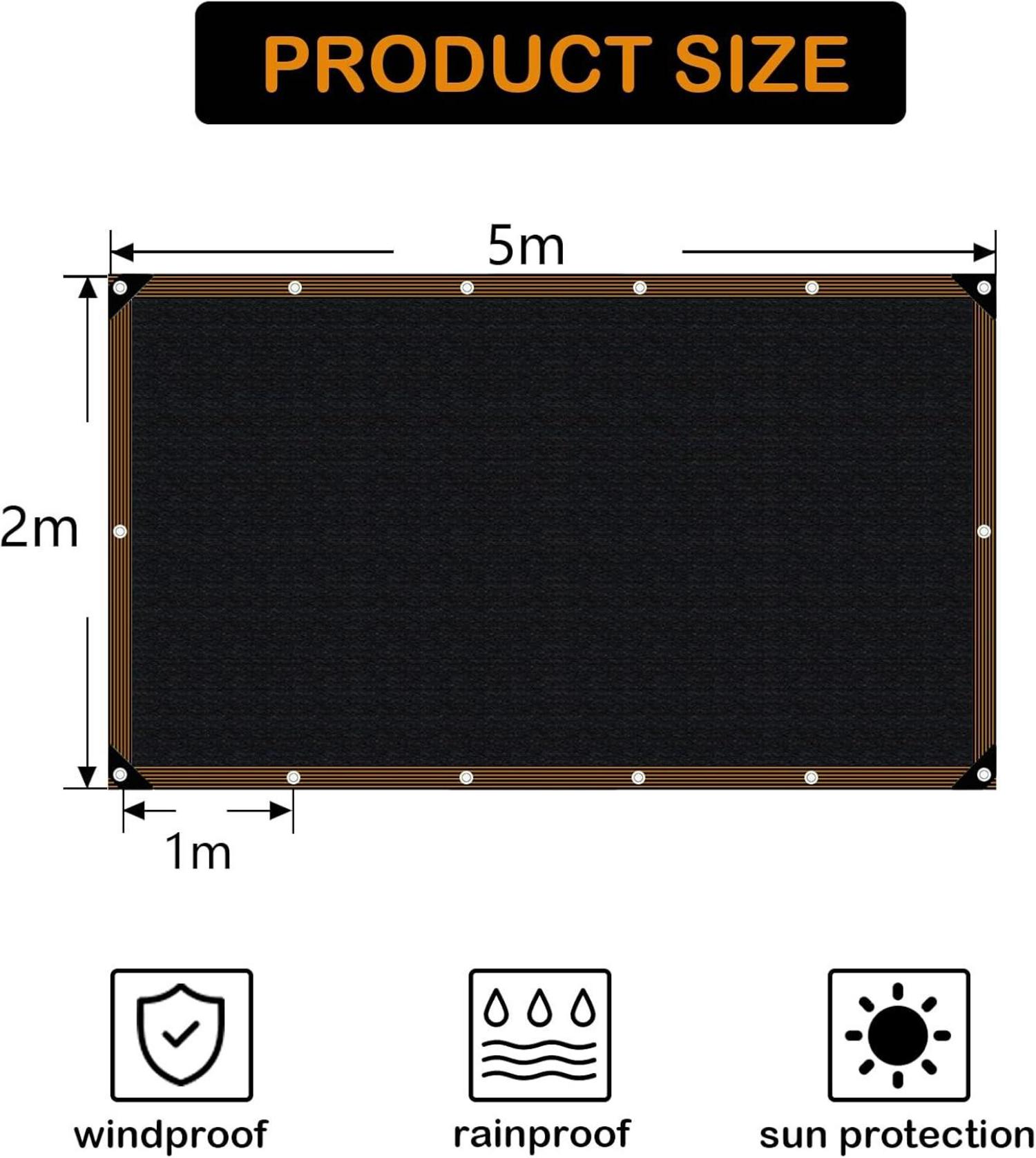 Sonnensegel rechteckig Balkon Schattennetz UV-Schutz 2x5m Schwarz