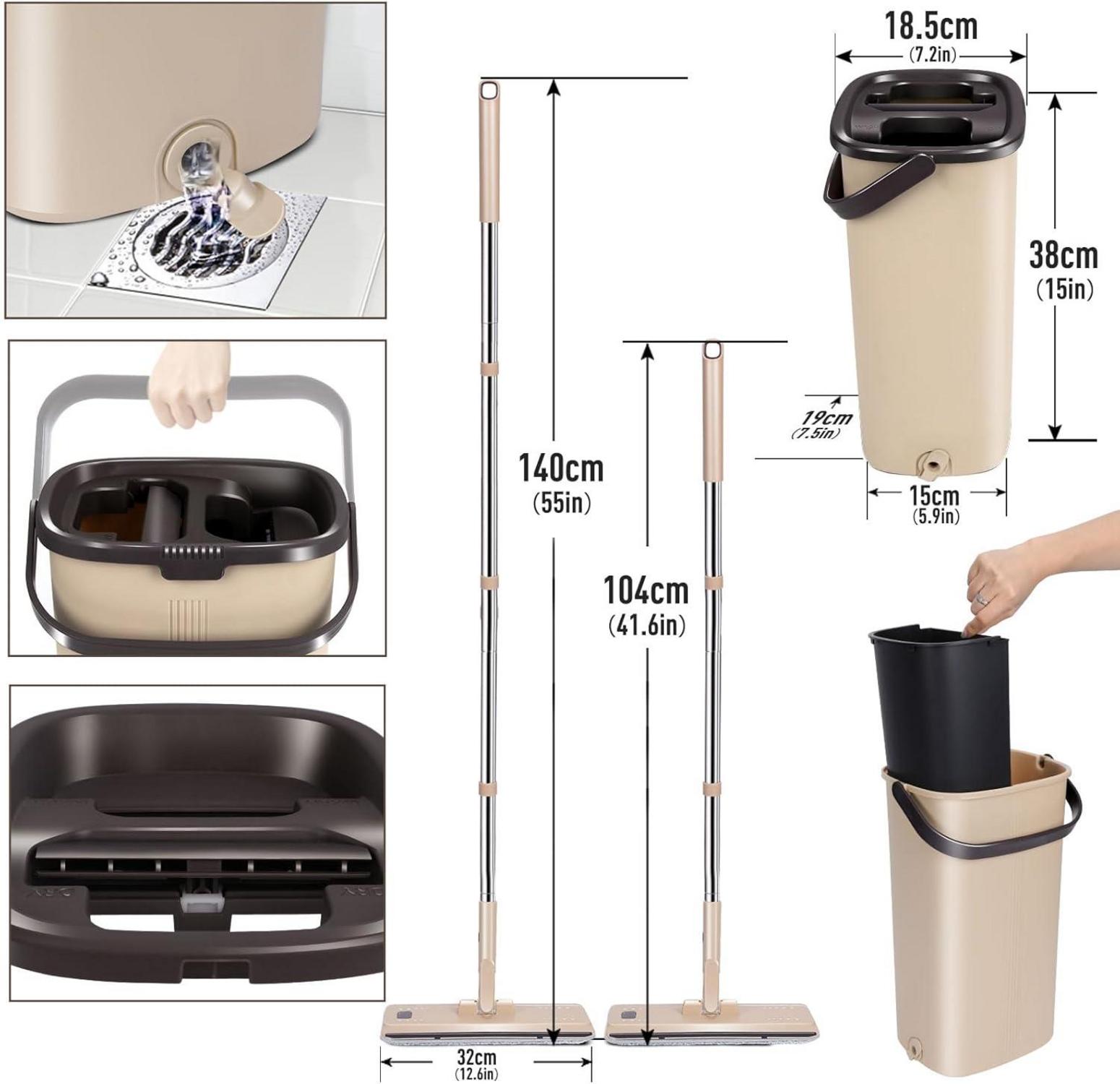 Bodenwischer Set mit Eimer und Mopp, Edelstahl Griff, 6 Wischpads