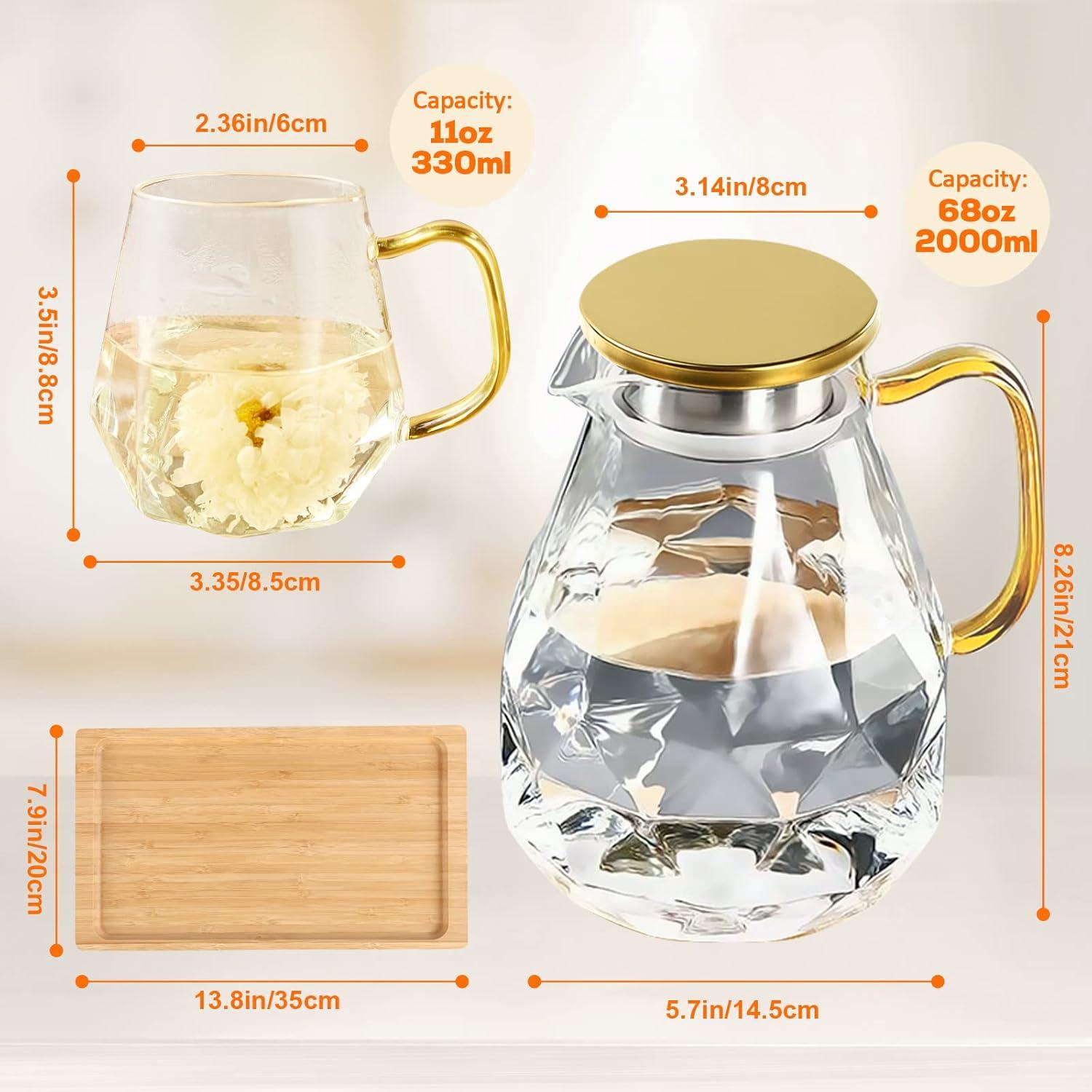 DUJUST Glaskaraffe 2 Liter mit Deckel & 4 Tassen, Schwarz Diamant-Design