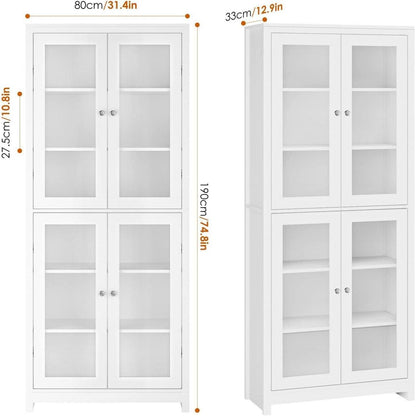 Vitrinenschrank 190 cm | Bücherregal mit 4 Glastüren & 6 Fächern, Weiß