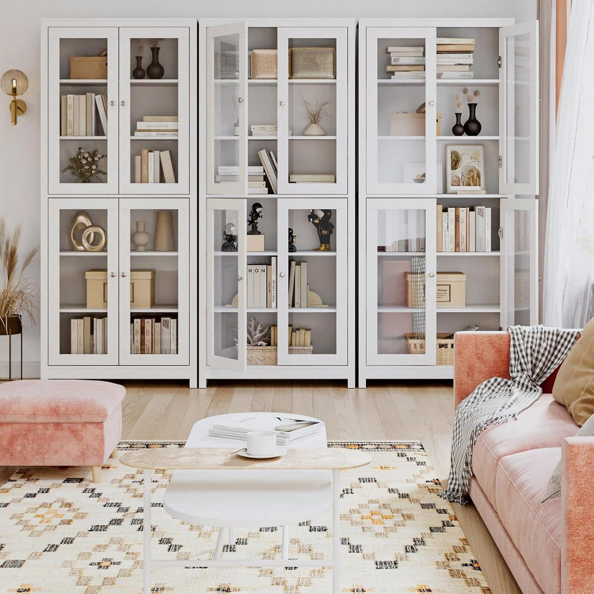Vitrinenschrank 190 cm | Bücherregal mit 4 Glastüren & 6 Fächern, Weiß
