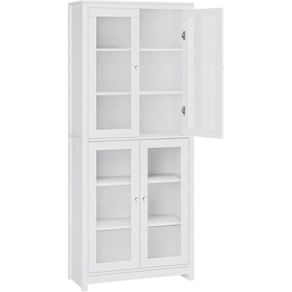 Vitrinenschrank 190 cm | Bücherregal mit 4 Glastüren & 6 Fächern, Weiß