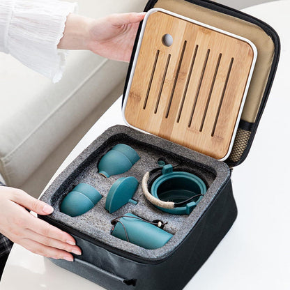 Japanisches Teeservice Set mit Teekanne, Teetassen, Keramik, Bambus Tablett