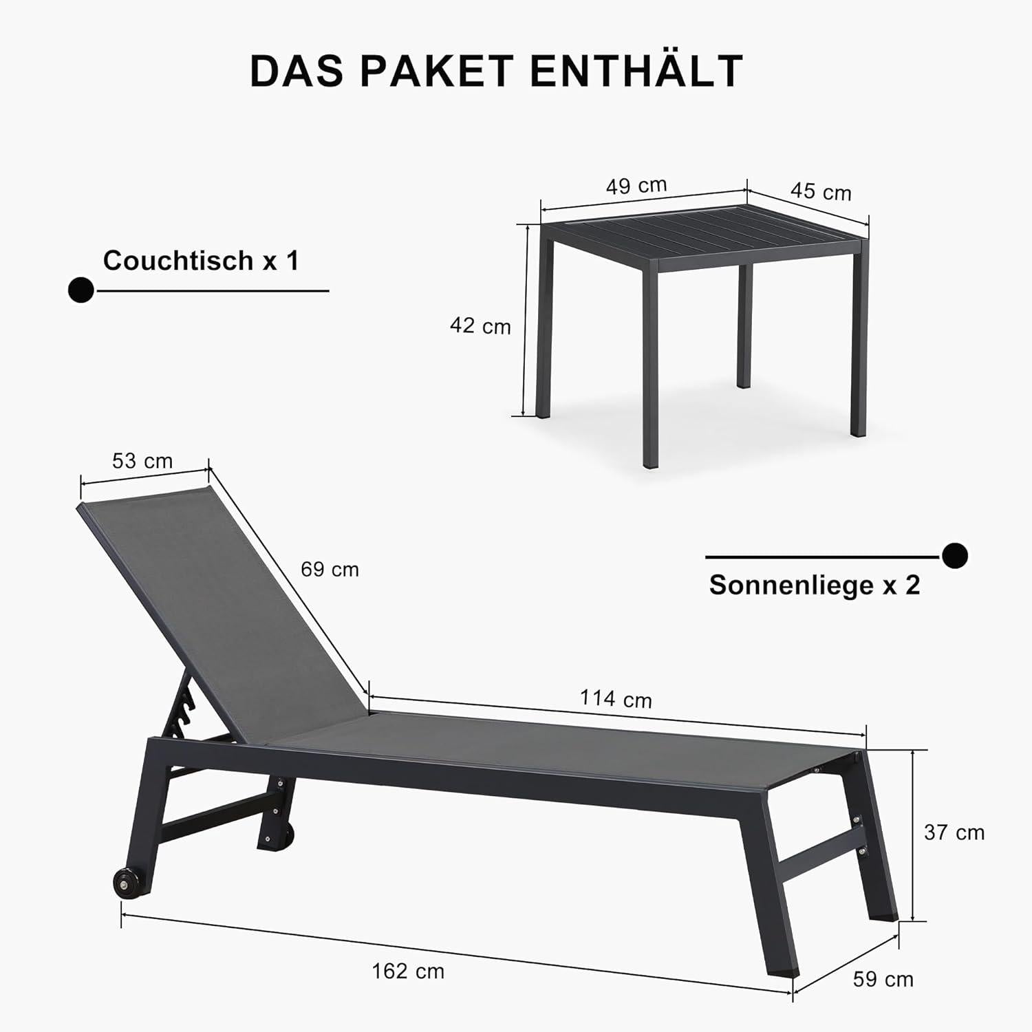 2er-Set Aluminium Sonnenliege mit Bodenrollen und
