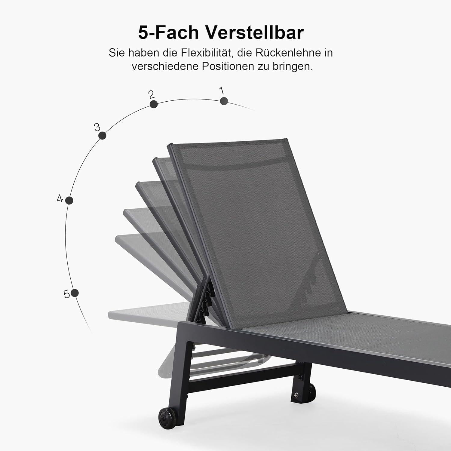 Gartenliege Sonnenliege Aluminium mit Bodenrollen 2er-Set Grau
