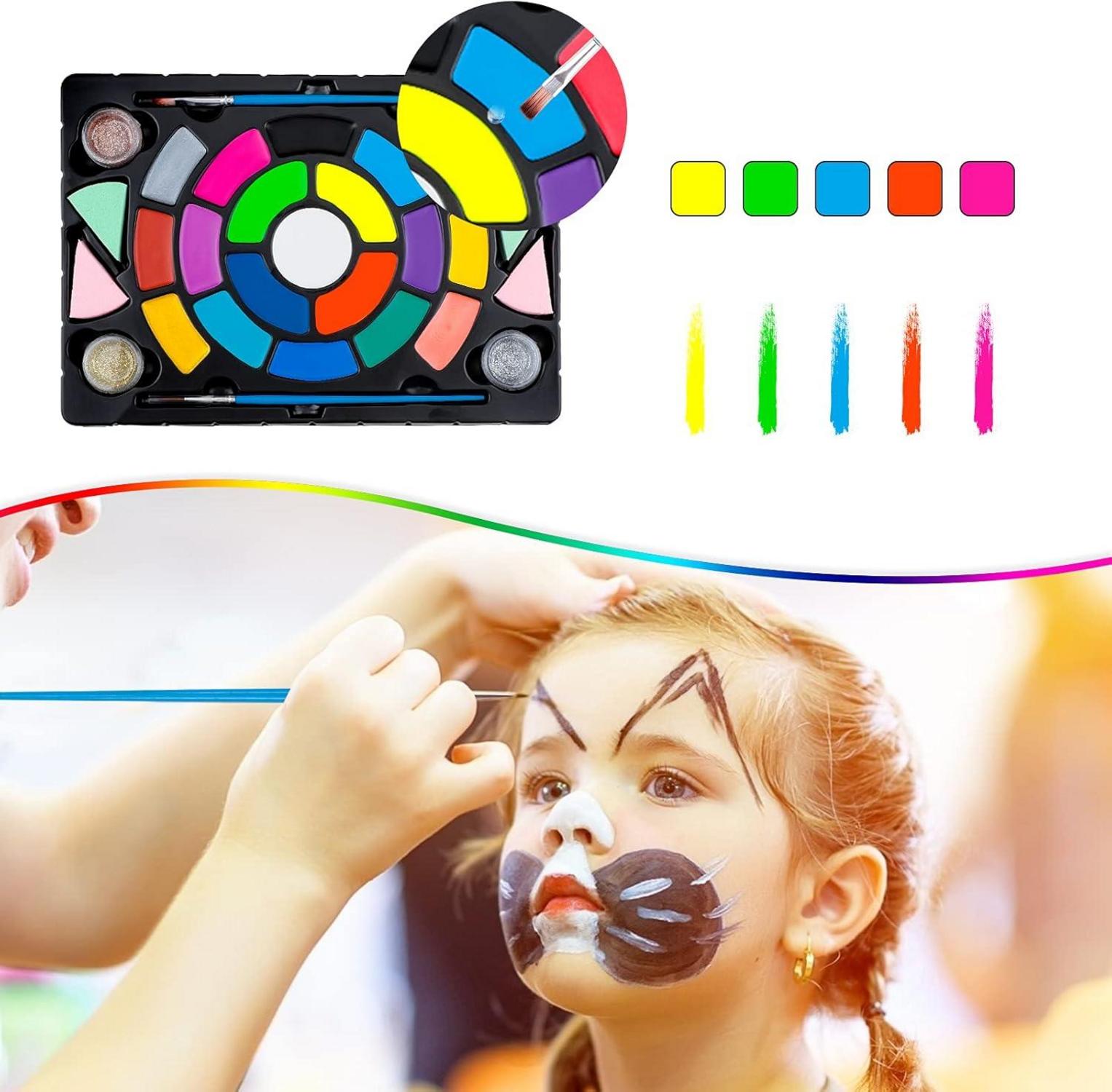Kinderschminke Set 19 Farben Halloween Gesichts- und Körperfarben Glitzer Pinsel Schwämme
