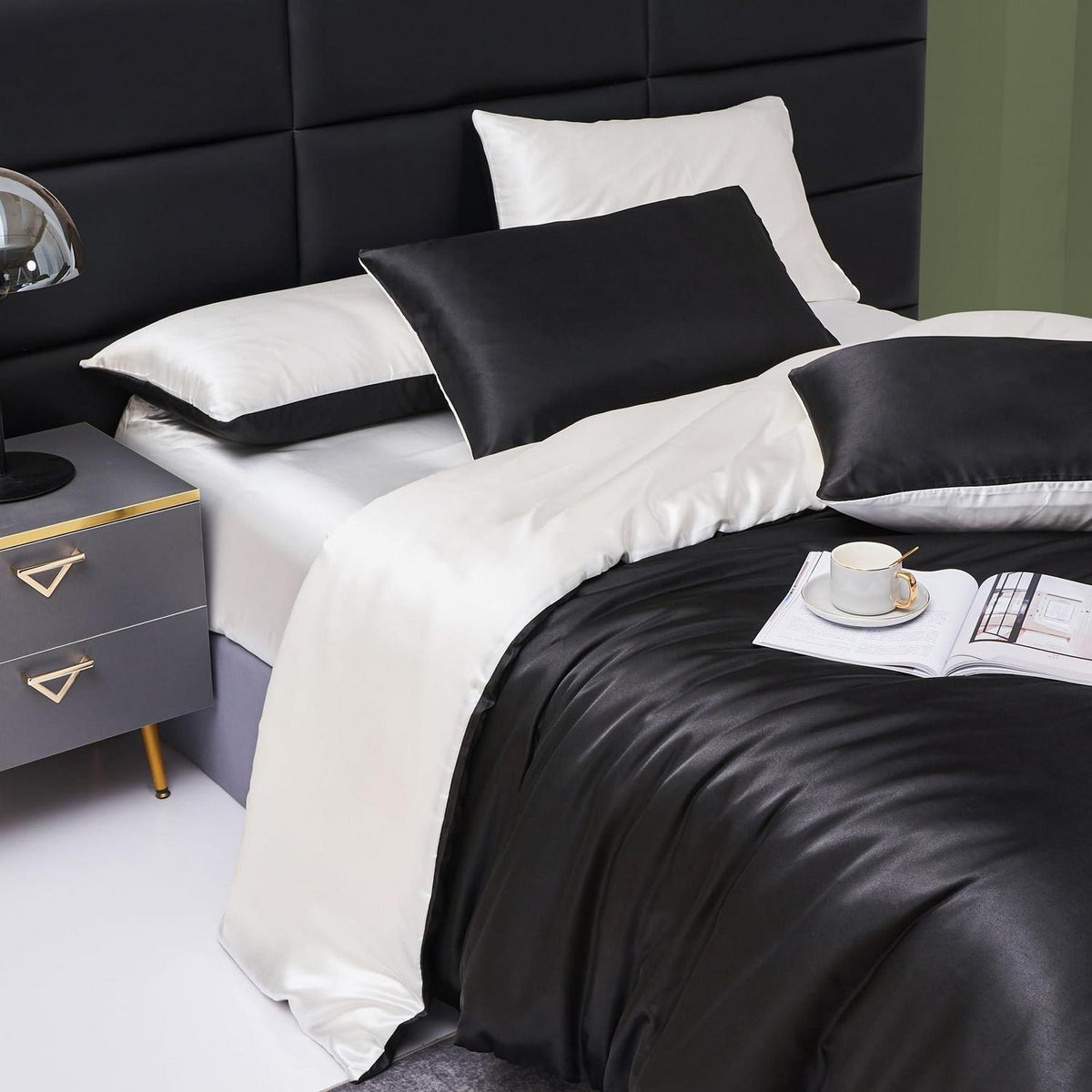 Damier Bettwäsche Set 135x200cm - Satin Glanz Schwarz Weiß