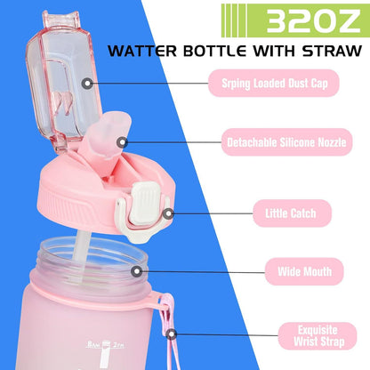 Trinkflasche 1L mit Strohhalm, Zeitmarkierung, auslaufsicher, BPA-frei, rosa