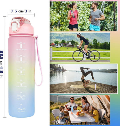 Trinkflasche 1L mit Strohhalm, Zeitmarkierung, auslaufsicher, BPA-frei, rosa