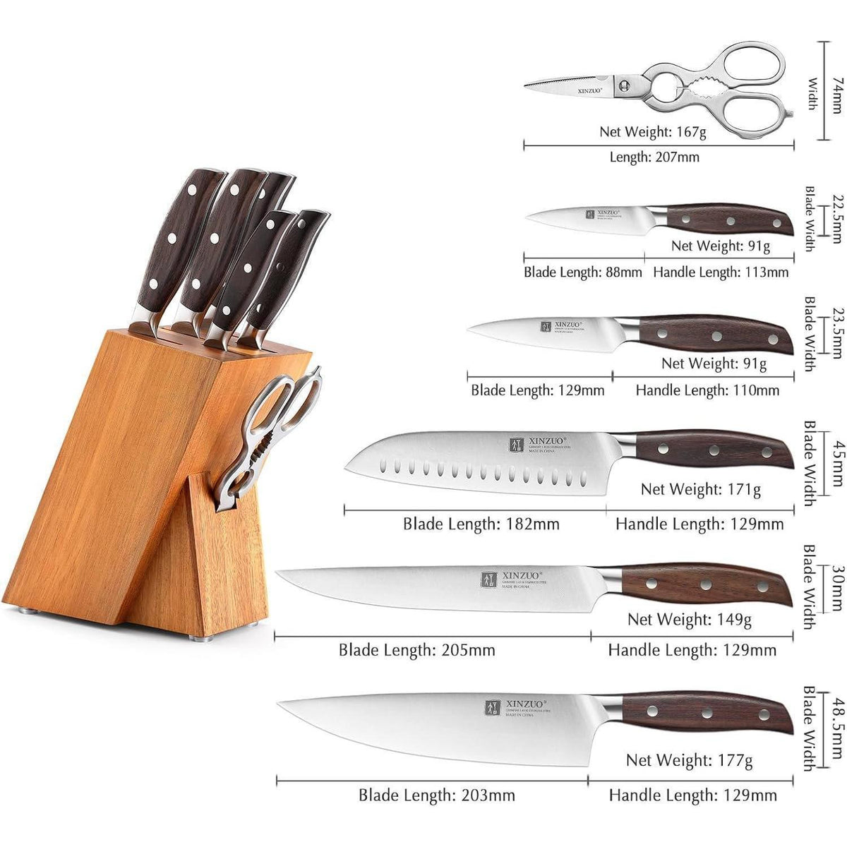 7-teiliges Küchenmesser-Set Edelstahl | Profi Kochmesser Block Set