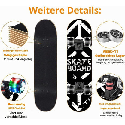 Skateboard Komplett Set mit Blinkrädern – 9 Schichten Ahorn
