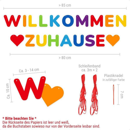 Willkommen Zuhause Banner bunt mit 19 Wimpeln und 2 Juteseil