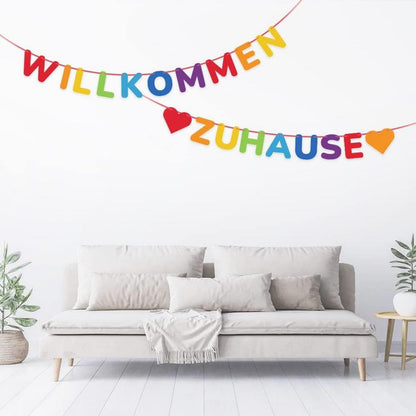 Buntes Willkommen Zuhause Banner 19 Wimpel 3m Juteseil Girlande