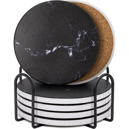 Untersetzer Gläser 6er Set Marmor mit Kork-Rückseite Schwarz