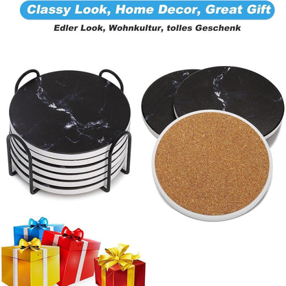Untersetzer Gläser 6er Set Marmor mit Kork-Rückseite Schwarz