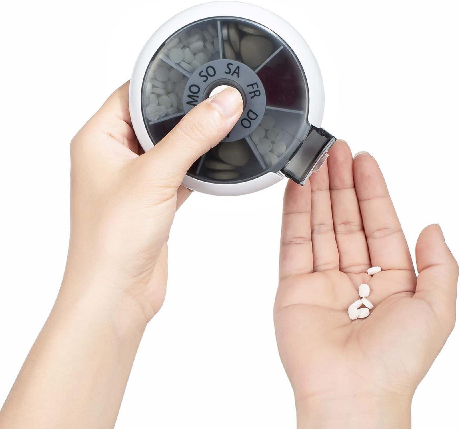 Kafeiya Tragbare 7 Tage Pillendose Schwarz, Rund, Klein, Leicht - Tasche