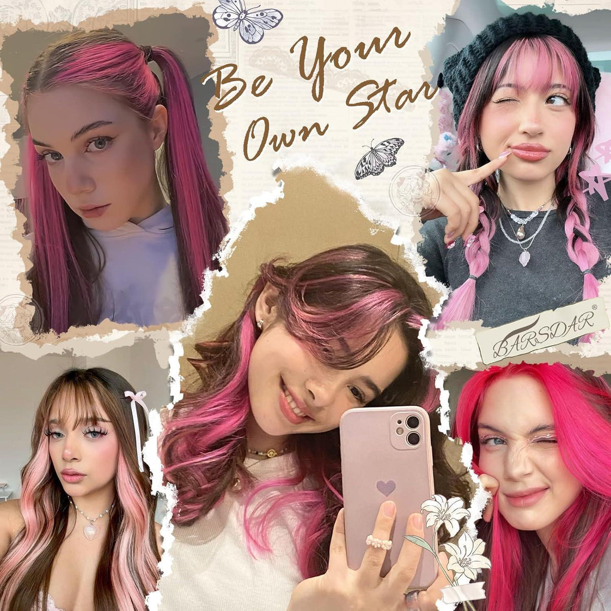 Farbige Haarverlängerungen 21 Zoll – 12 Stück Rosa Clip-Ins