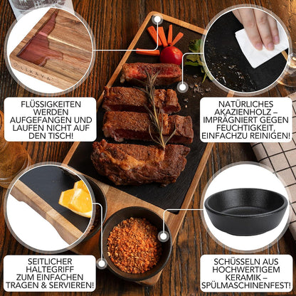 LIKAYA® Servierbrett 2er Set Akazien-Holz, Schieferplatte & Saucen - Grillbrett Steakbrett Geschenk