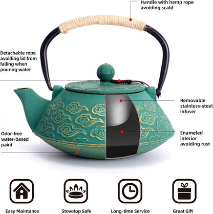 Japanische Gusseisen Teekanne mit Infuser 800ml für Herd - Grün