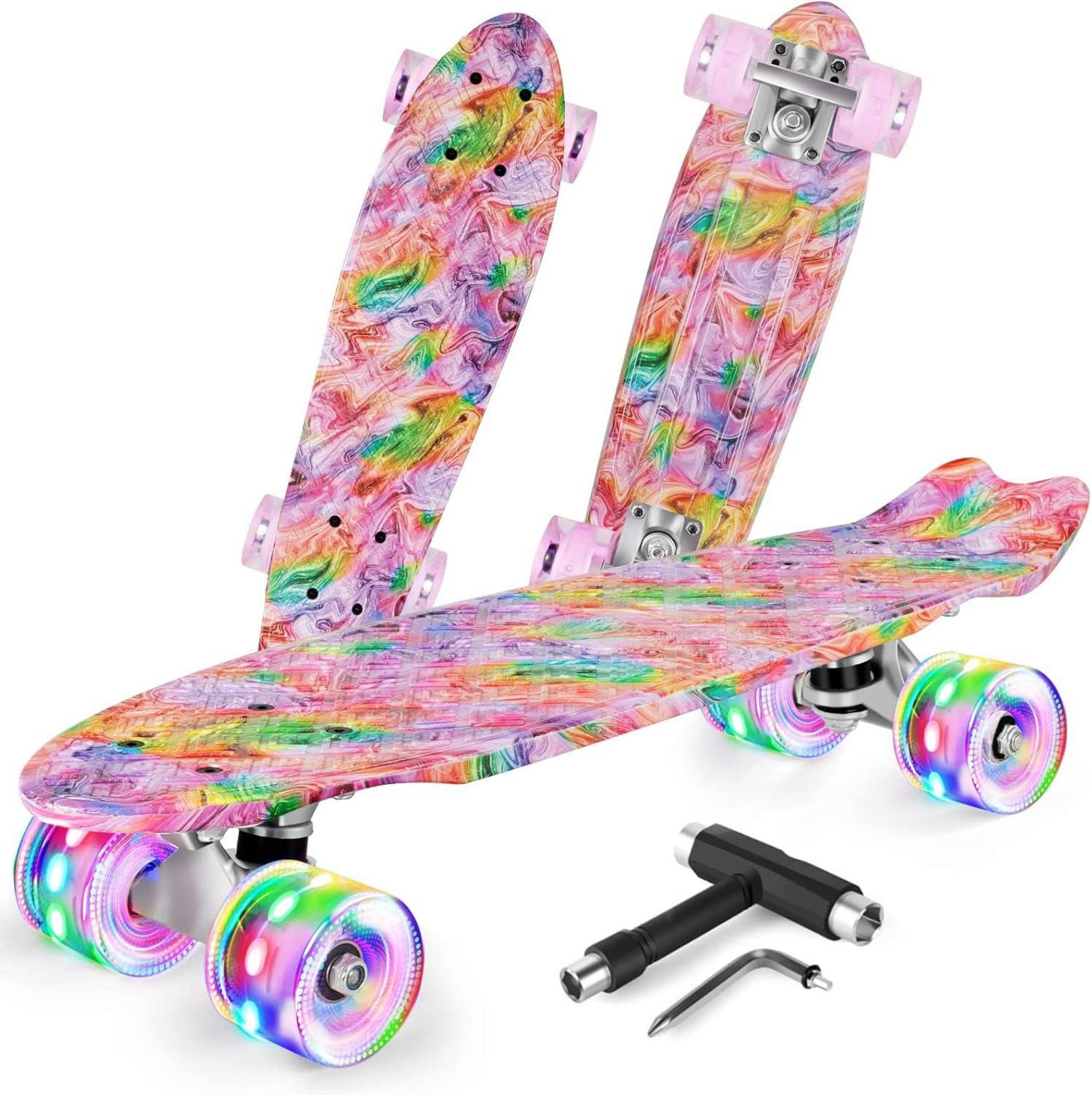 22 Zoll Mini Cruiser Skateboard Komplett mit LED Leuchtrollen & T-Tool