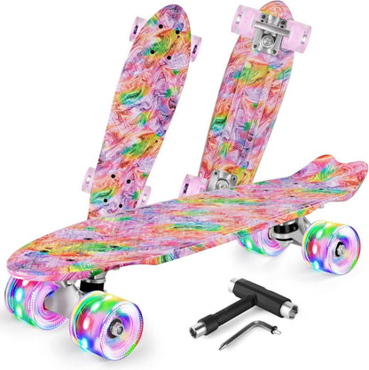 22 Zoll Mini Cruiser Skateboard Komplett mit LED Leuchtrollen & T-Tool