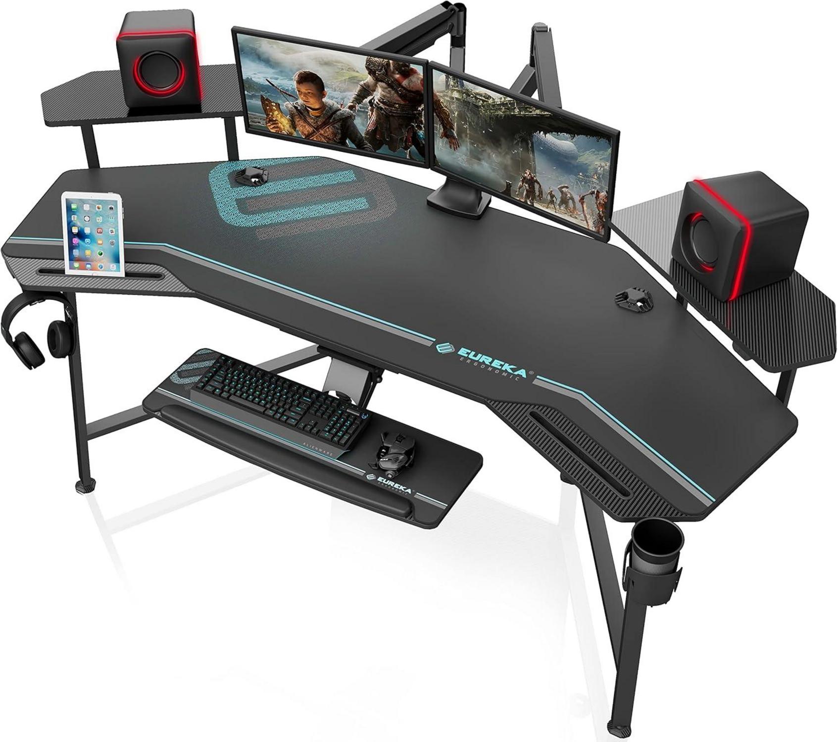 Gaming Tisch LED 182x76cm Groß Flügelform Computertisch mit Zubehör