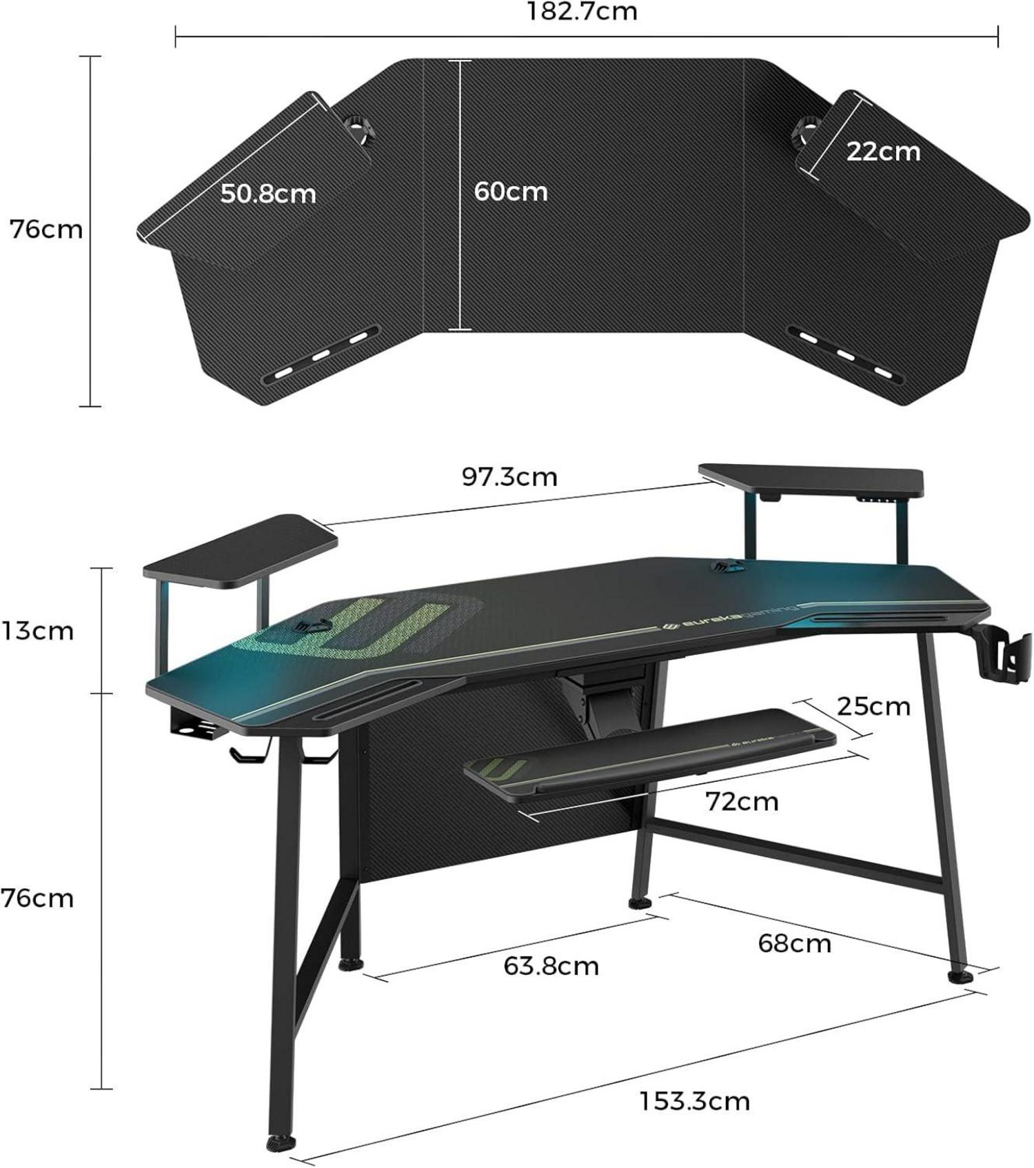 Gaming Tisch LED 182x76cm Groß Flügelform Computertisch mit Zubehör