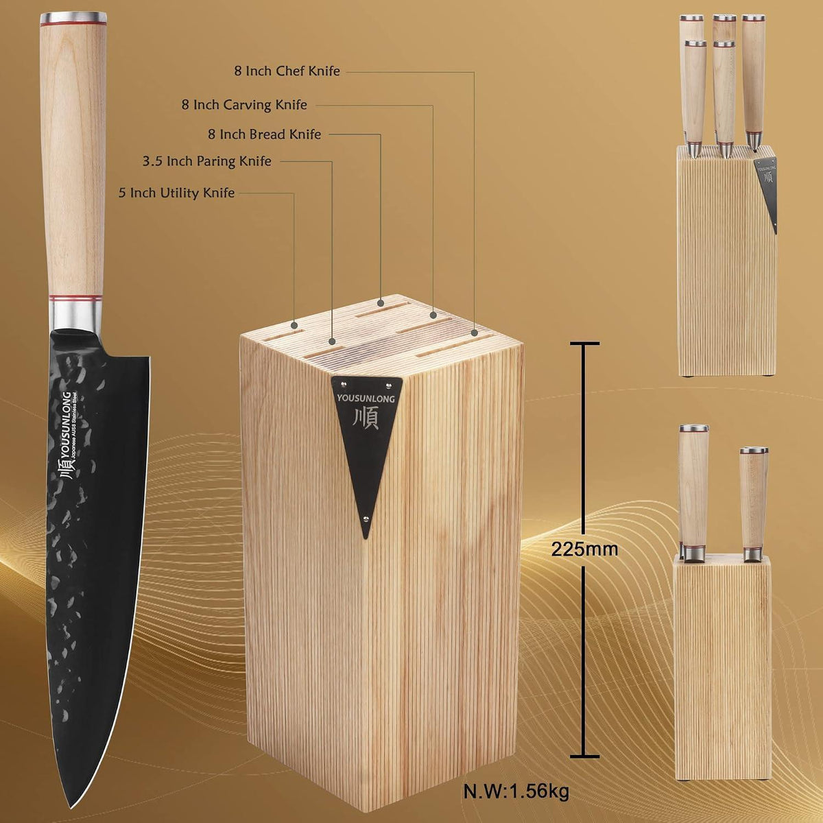 5-teiliges Messerset aus japanischem Stahl mit Holzblock