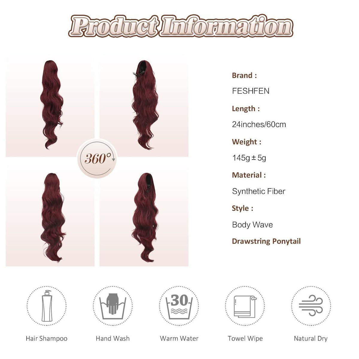 Welliges Locken Pferdeschwanz Haarteil – Rot, 60cm