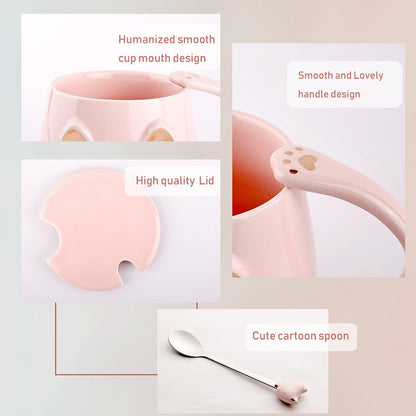 2er-Pack Katzen-Kaffeetassen-Set mit Deckel und Löffel 450ML Schwarz Rosa