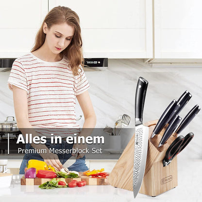 PAUDIN Messerblock Set 7-tlg Carbon Edelstahl Kochmesser Holzblock
