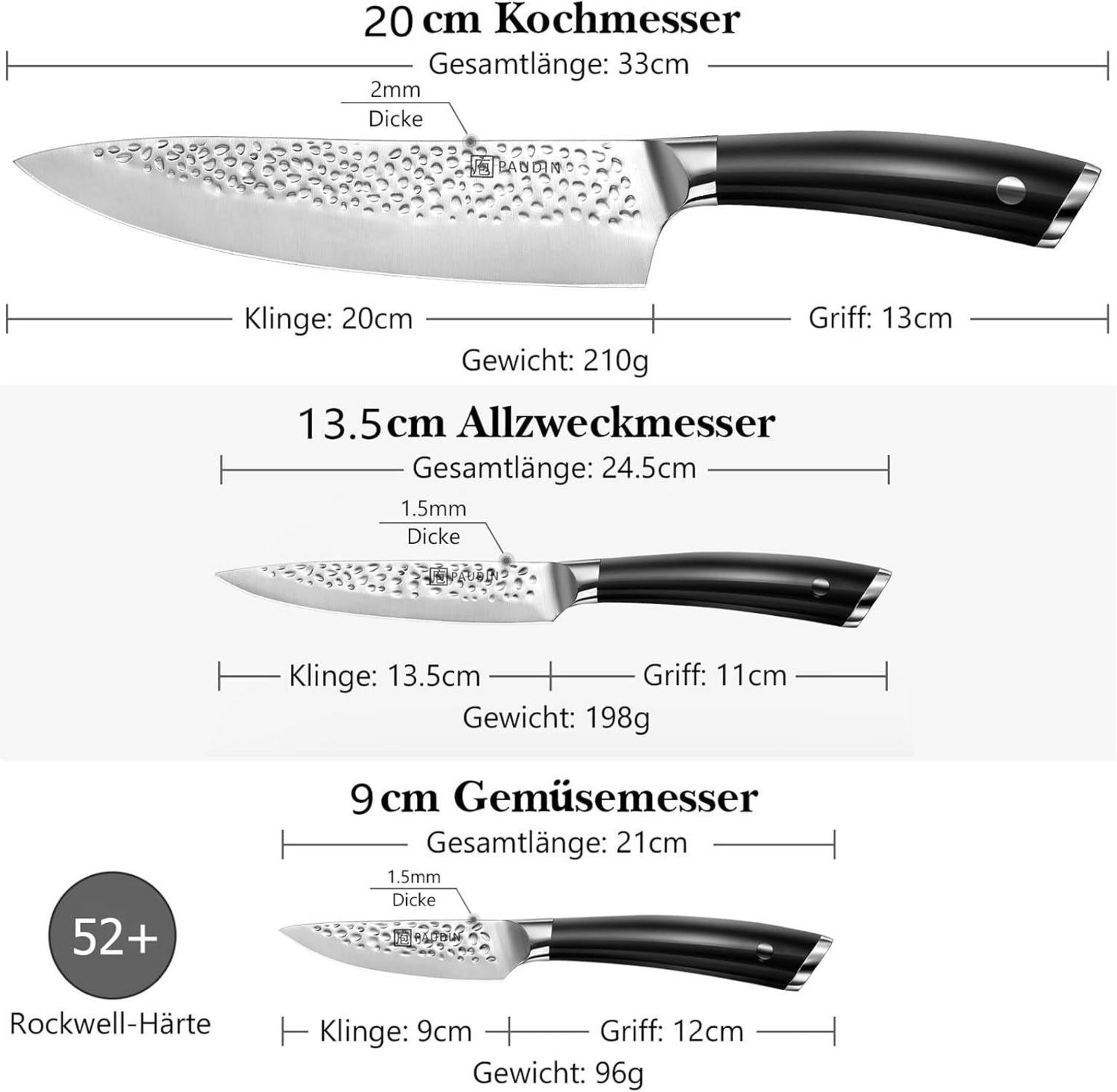Profi Messer Set aus Edelstahl 3-tlg Küchenmesser