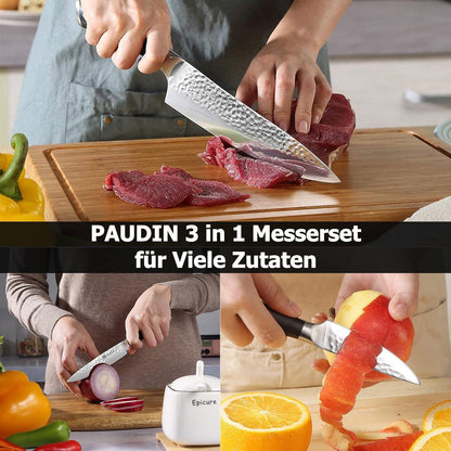 PAUDIN Profi 3-tlg Edelstahl Küchenmesser Set 20cm Chefmesser Allzweckmesser