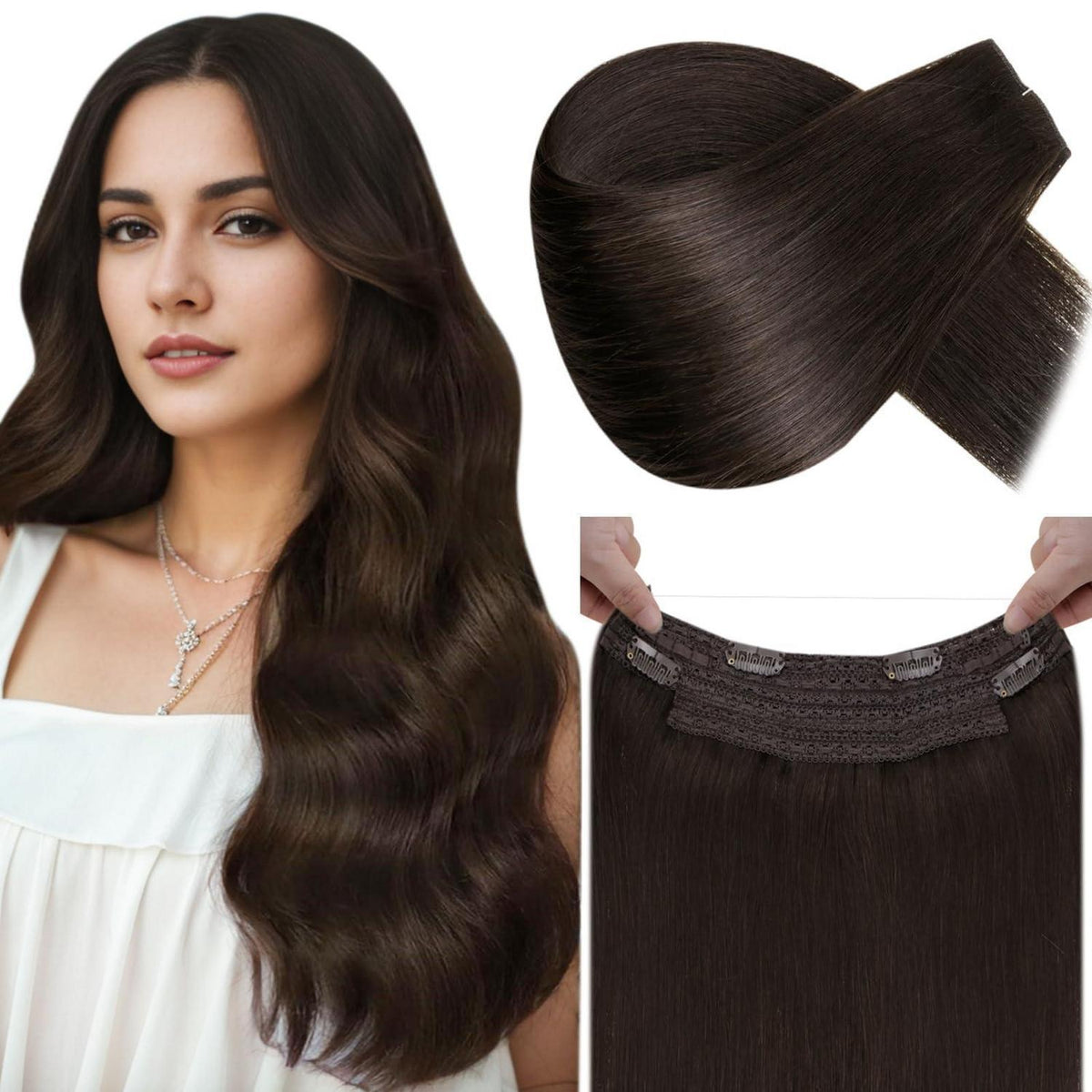 Dunkelbraune Echthaar-Draht Extensions - 50cm, 100g