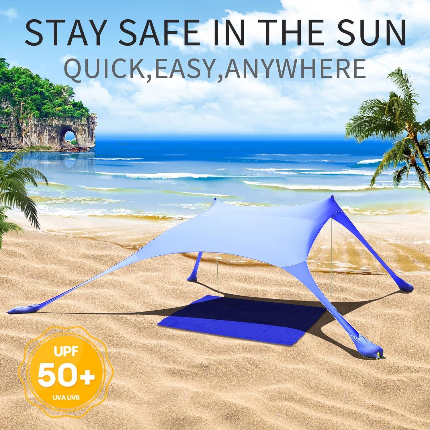 Strandzelt Pop-Up 2x2.1m LSF 50 Sonnenschutz Lycra Anti-Wind Stabilitätsstangen Blau