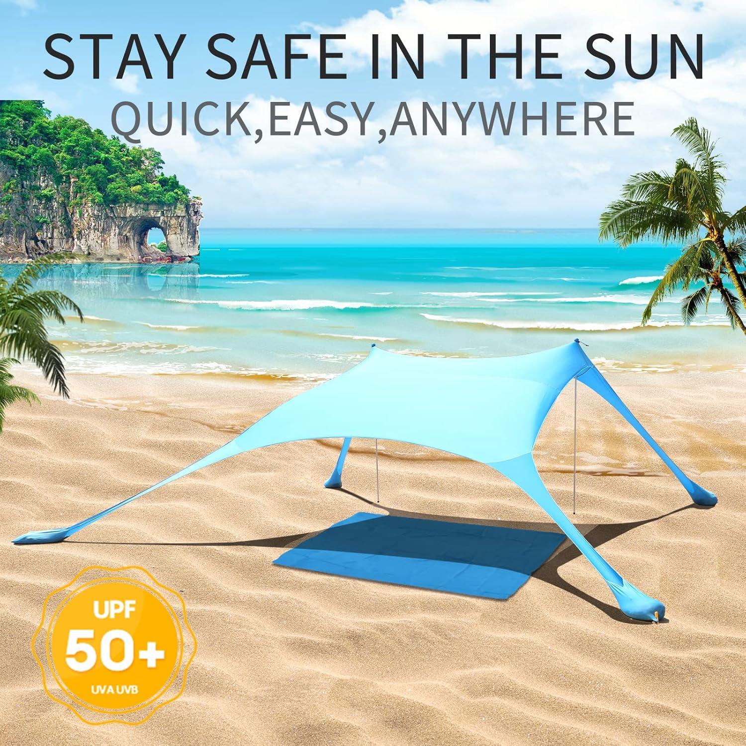 Cuupo Strandzelt Pop-Up LSF 50 2x2.1 m Blau UV-Schutz Stabilitätsstangen