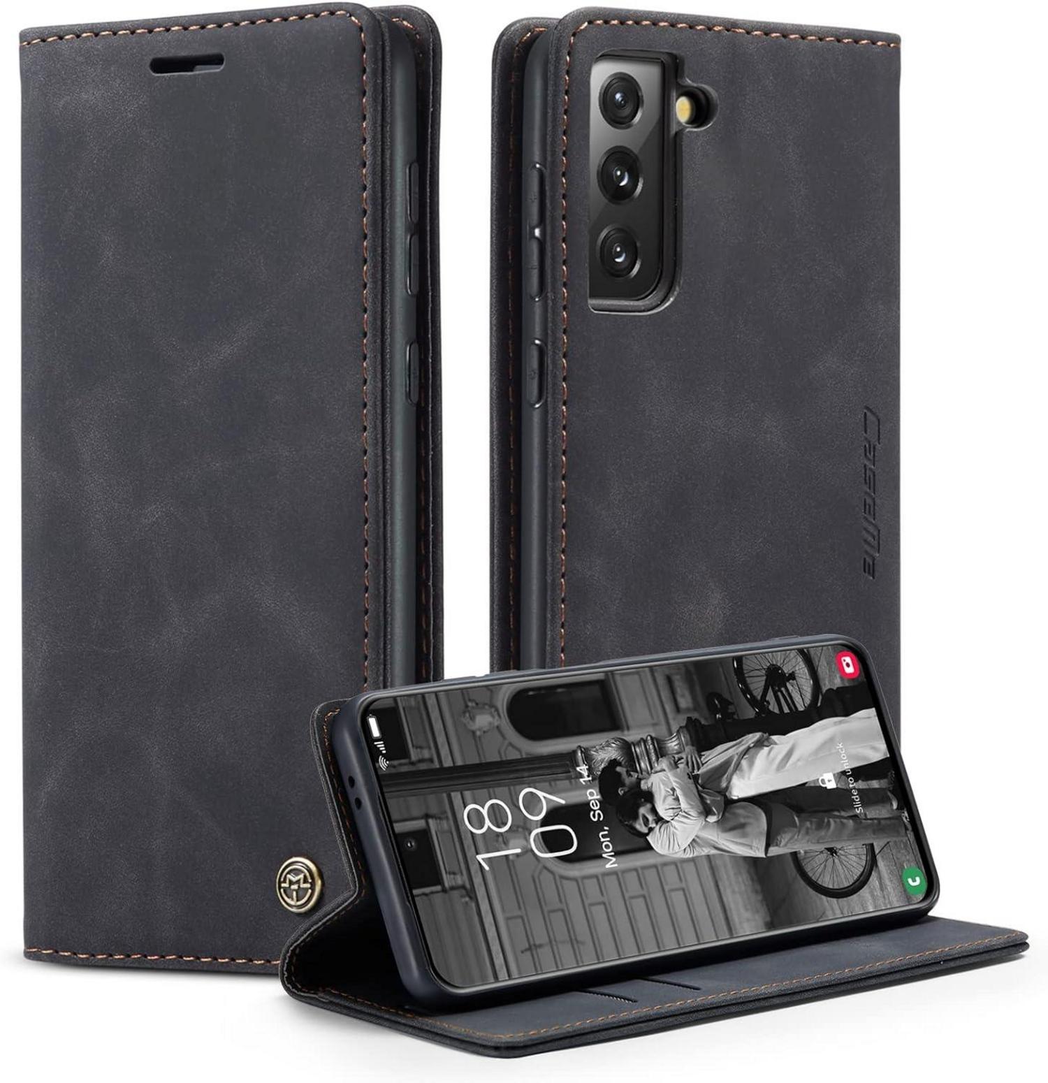 Handyhülle Samsung Galaxy S21 5G Leder Schwarz Magnet Standfunktion